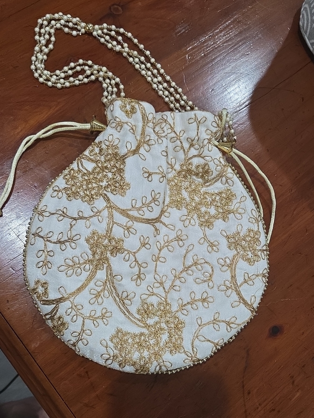 Gold-Embroidered Cream Evening Drawstring Pouch